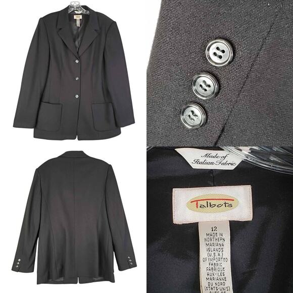 Talbots Blazer Women’s Size 12 Black Pockets Three Button Wool Italy Lined - Picture 1 of 8